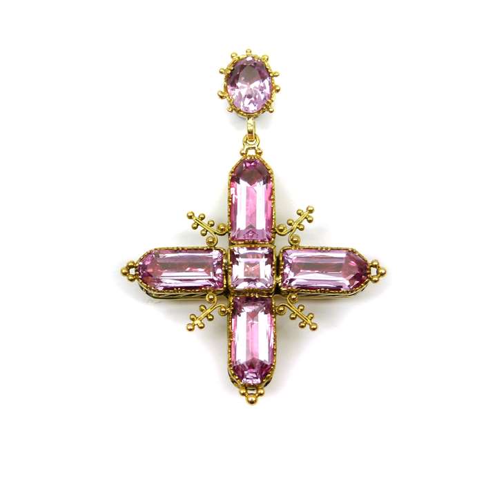 Antique pink topaz and gold cross pendant with later added French brooch mount